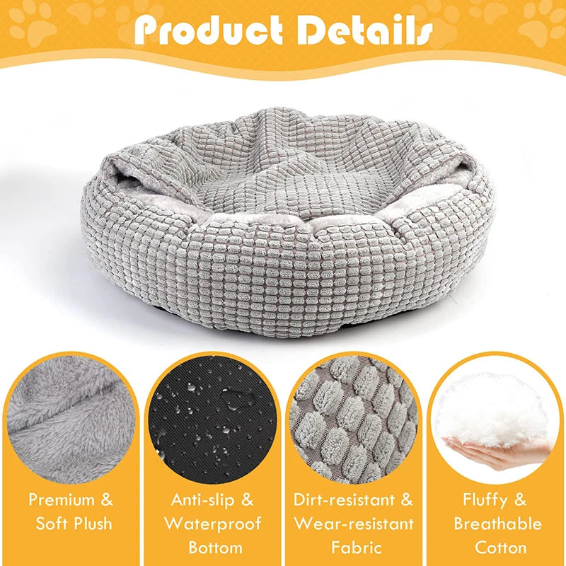 Cozy fluffy round dog bed by A minha loja with hooded design, soft orthopedic cushioning, perfect for puppies and cats.
