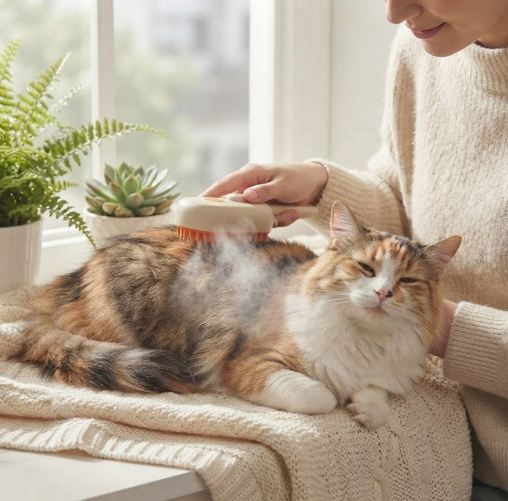 A minha loja Pet Steam Brush showing the handheld device with steam nozzle and pet fur cleaning head in use